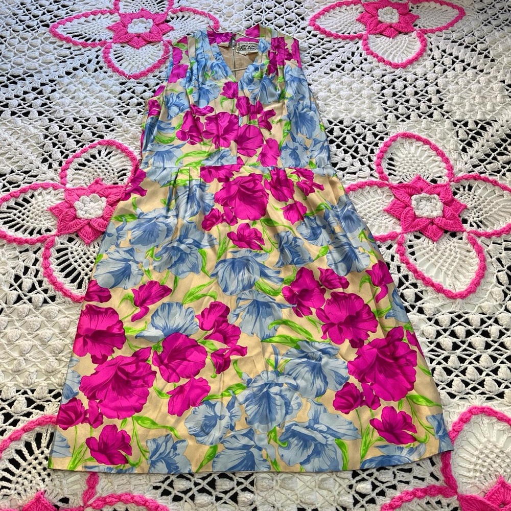 Via Veneto 1960’s Vintage Silk Floral Dress in Fuchsia, Sky Blue & Lime